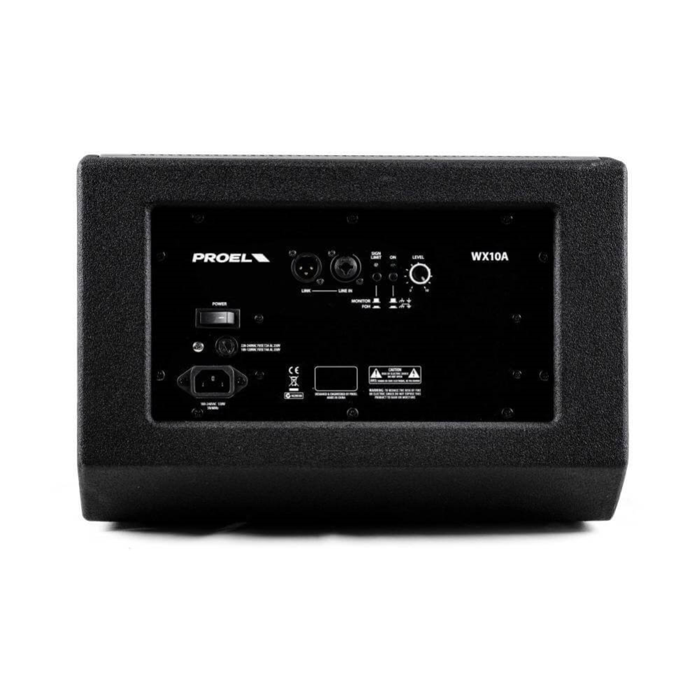 Proel WX10A active 2-way coaxial 10-inch monitor powered speaker with controls and input connections.