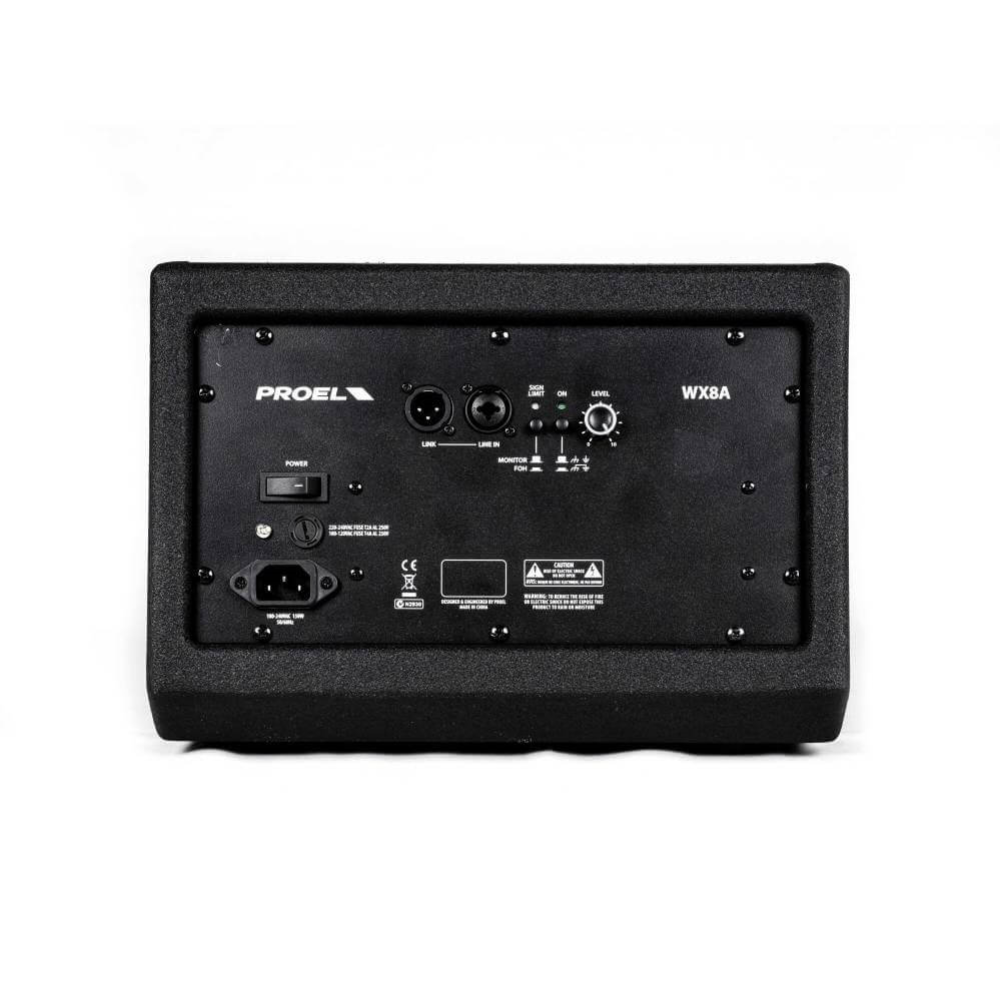 Proel WX8A active 2-way coaxial 8-inch stage monitor powered speaker showing front grille and control panel