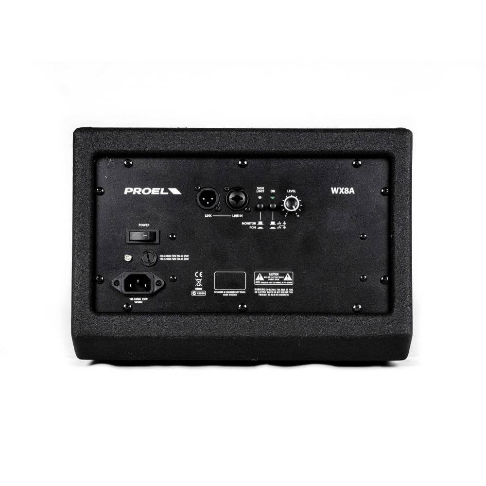 Proel WX8A active 2-way coaxial 8-inch monitor powered speaker showing front view with controls and grille.