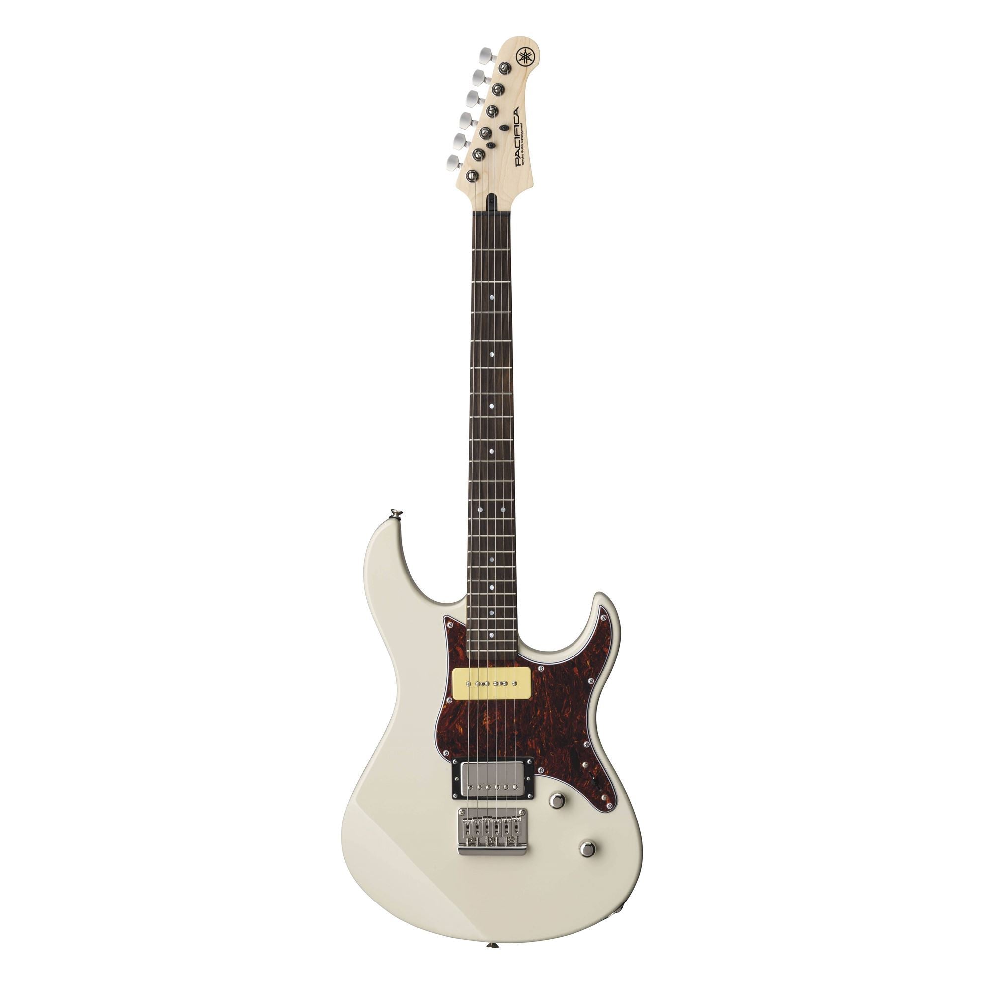 Yamaha PAC311H Pacifica electric guitar with vintage white finish and rosewood fingerboard, showcasing its sleek body and hardware.