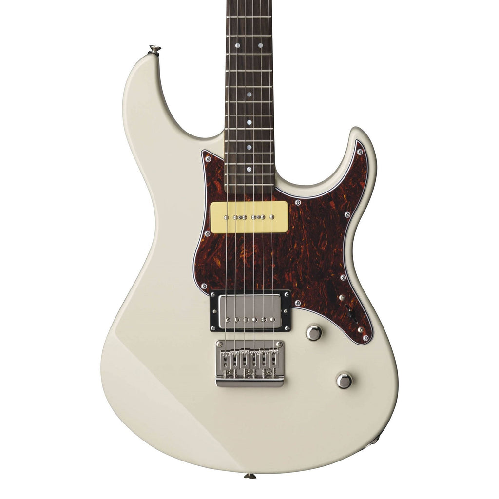 Yamaha PAC311H Pacifica electric guitar with rosewood fingerboard in vintage white, showing the body and neck details.