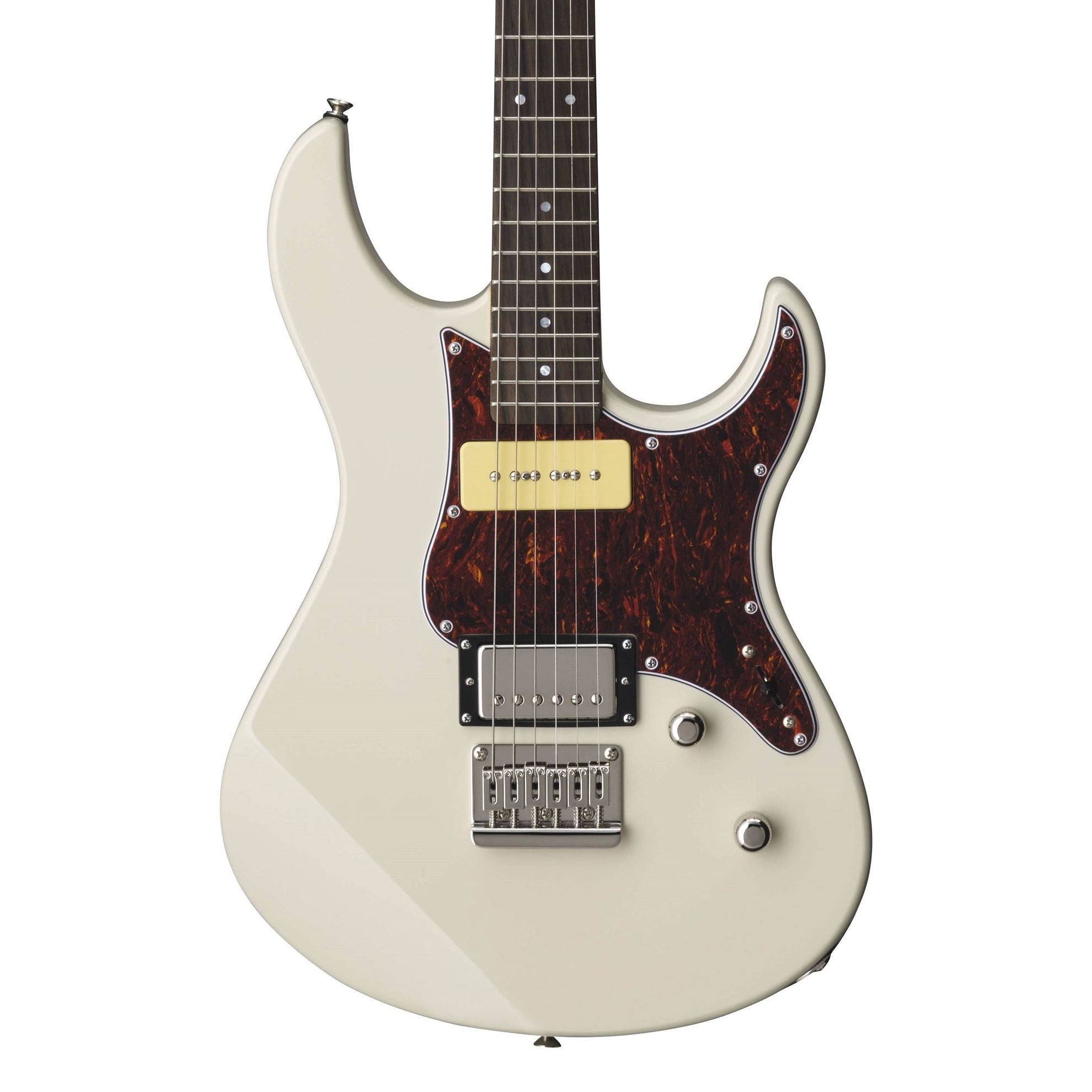 Yamaha PAC311H Pacifica electric guitar with rosewood fingerboard in vintage white, showing the body and neck details.