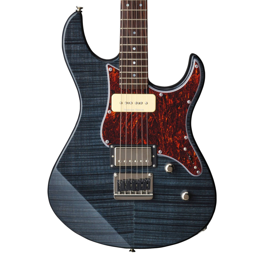 Yamaha Pacifica electric guitar with tinted maple neck in translucent black finish, featuring flamed maple top and chrome hardware.