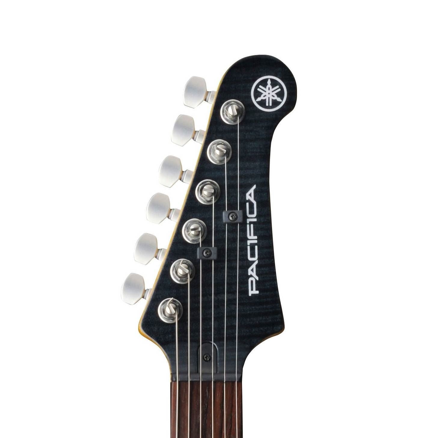 Yamaha PAC611H Pacifica electric guitar with tinted maple neck and translucent black finish, featuring flamed maple top.