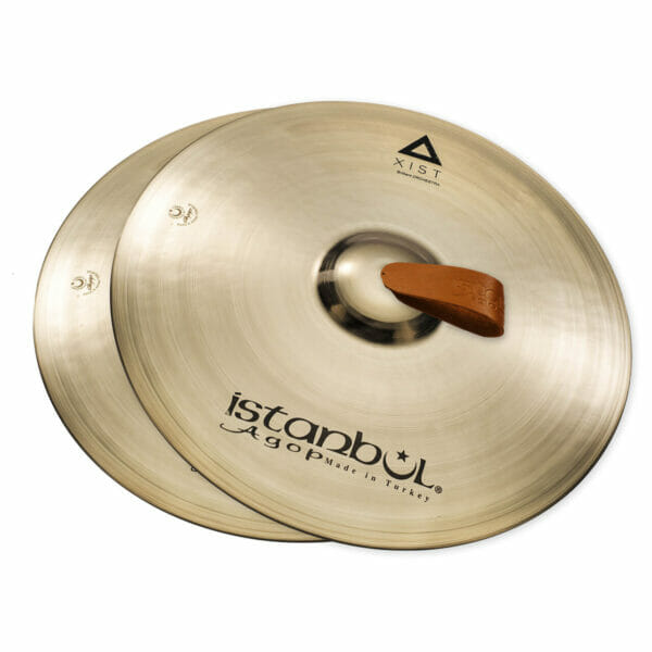 Bright Istanbul Agop Xist Orchestral 16-inch single cymbal with a shiny finish, showcasing its smooth, reflective surface and detailed branding.
