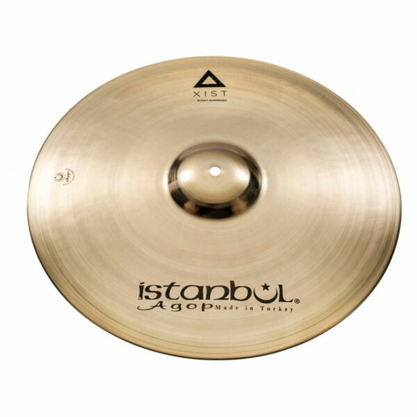 Istanbul Agop Xist Suspended Brilliant Crash cymbal, single cymbal with a shiny finish, mounted on a stand for percussion use.