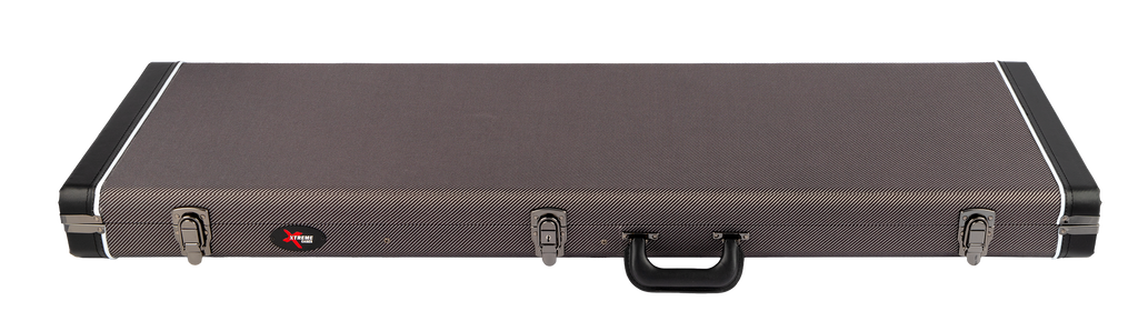 Xtreme Precision & Jazz Bass vintage rectangular guitar case with padded interior and sturdy exterior for bass guitar protection.