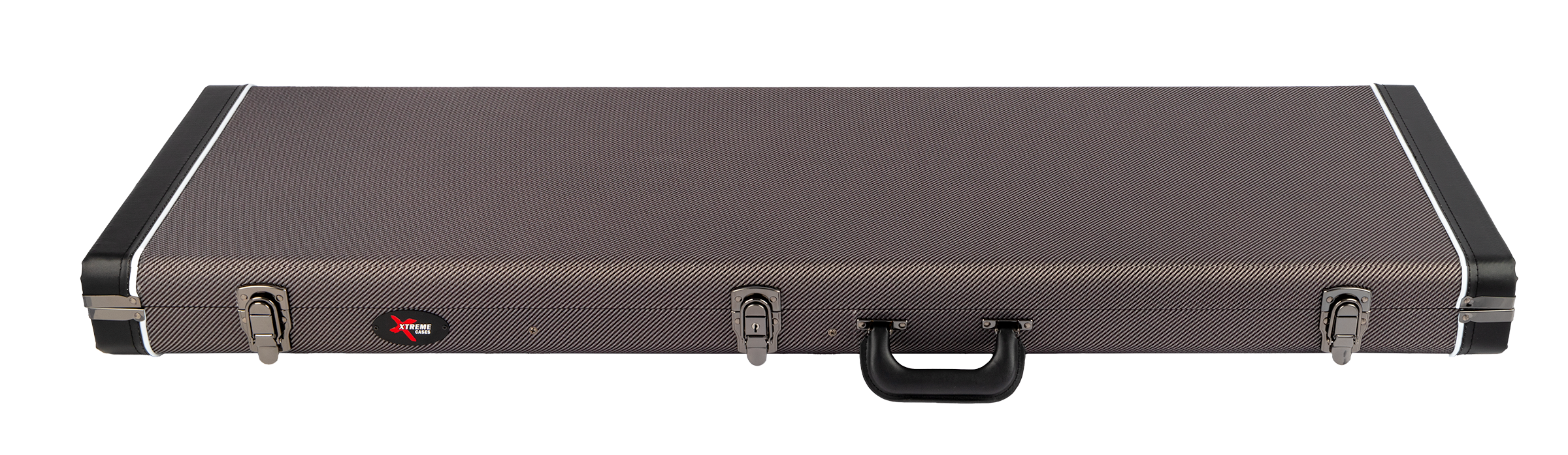 Xtreme Precision & Jazz Bass vintage rectangular guitar case with padded interior and sturdy exterior for bass guitar protection.