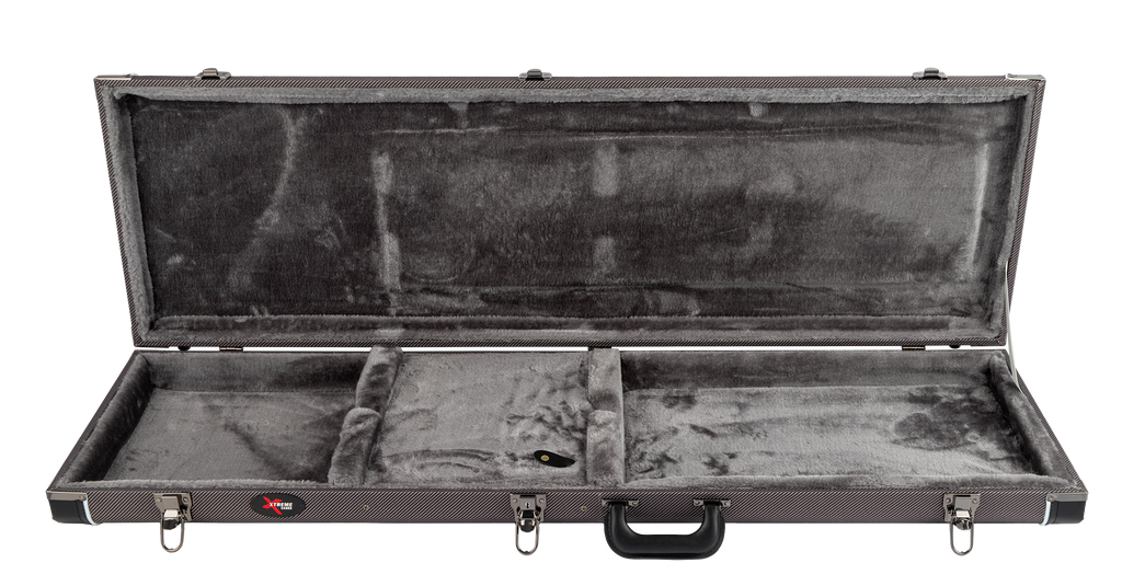 Open Xtreme Precision & Jazz Bass vintage rectangular guitar case with padded interior and secure latches for bass guitar protection.