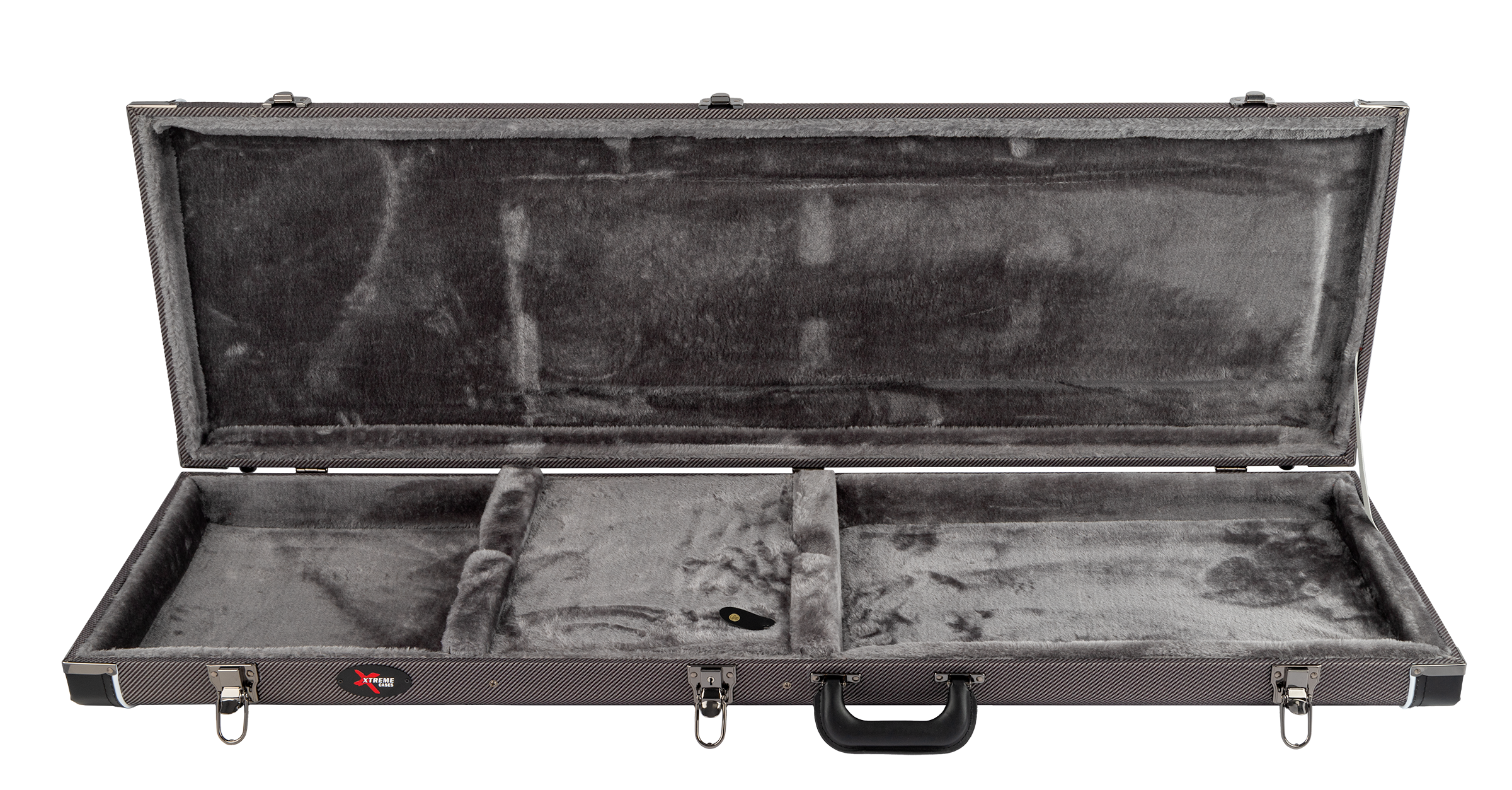 Open Xtreme Precision & Jazz Bass vintage rectangular guitar case with padded interior and secure latches for bass guitar protection.