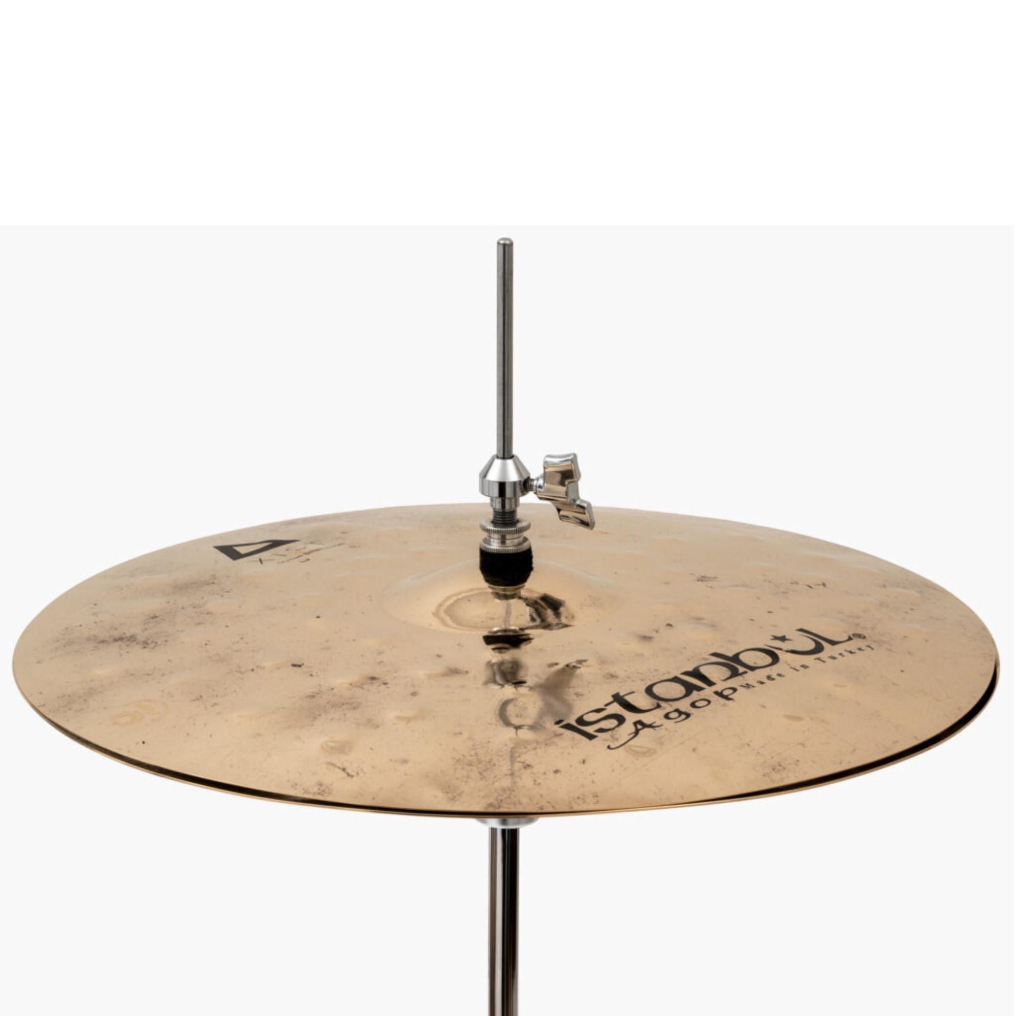 Istanbul 17-inch Xist Dry Dark Brilliant Hi-hat cymbals, single cymbals set with a dark, dry finish and detailed branding visible.