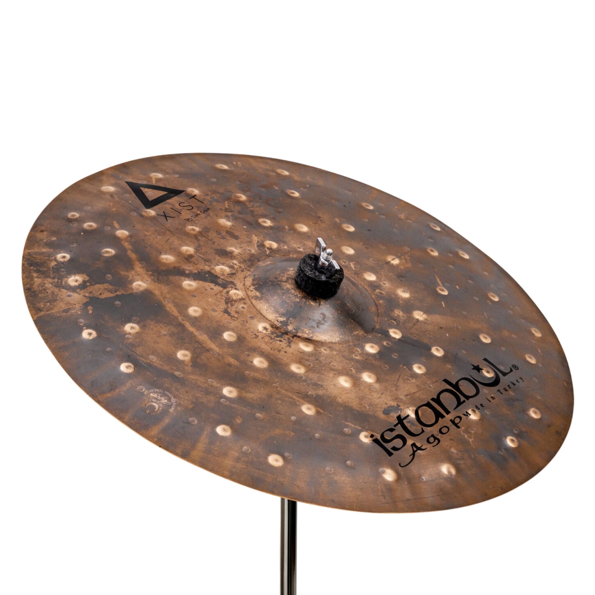 Istanbul 22-inch Xist Dry Dark Crash cymbal, single cymbal with a dark, dry finish and intricate branding details.