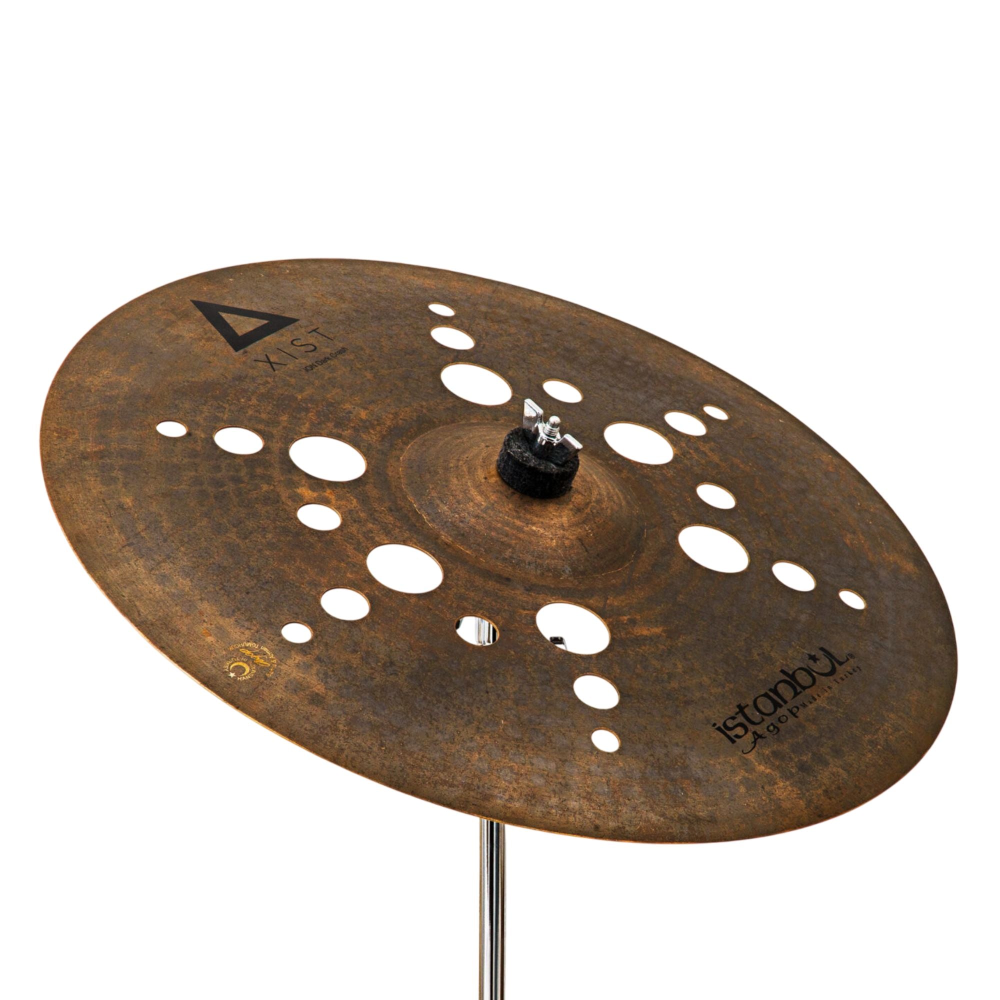 Istanbul 17" Agop XIST ION Dark Crash single cymbal with a dark finish, metal surface, and detailed branding visible.