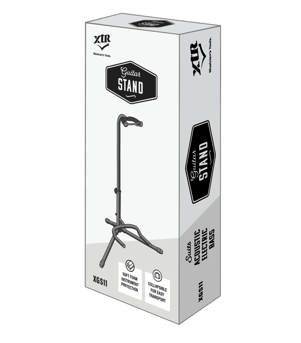 XTR tubular style guitar stand holding an electric guitar, designed for secure support of guitars and guitar accessories.