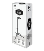 XTR tubular style guitar stand holding an electric guitar, designed for secure support of guitars and guitar accessories.