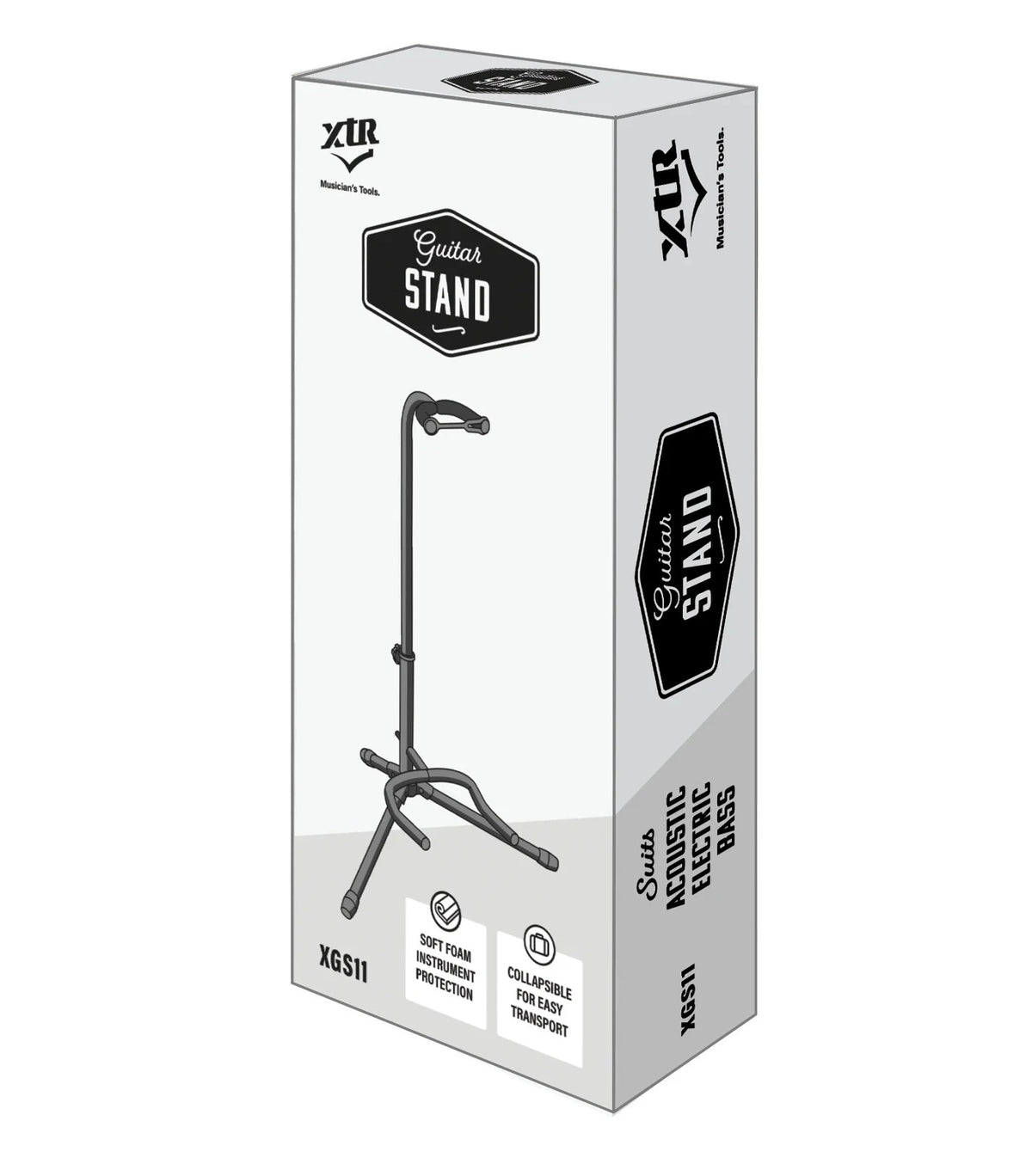 XTR tubular style guitar stand holding an electric guitar, designed for secure support of guitars and guitar accessories.