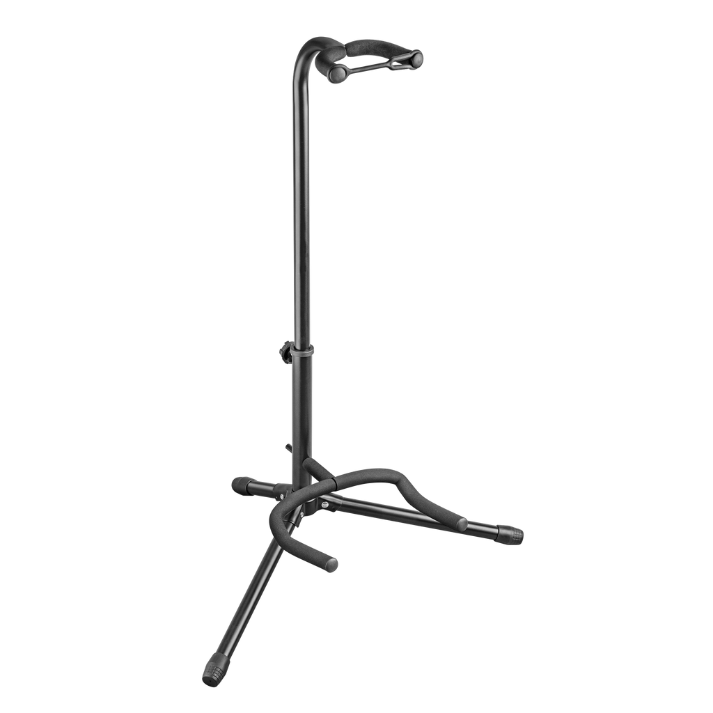 XTR XGS11 tubular style guitar stand holding an electric guitar, showcasing sturdy metal construction and foam padding for protection.