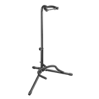 XTR XGS11 tubular style guitar stand holding an electric guitar, showcasing sturdy metal construction and foam padding for protection.