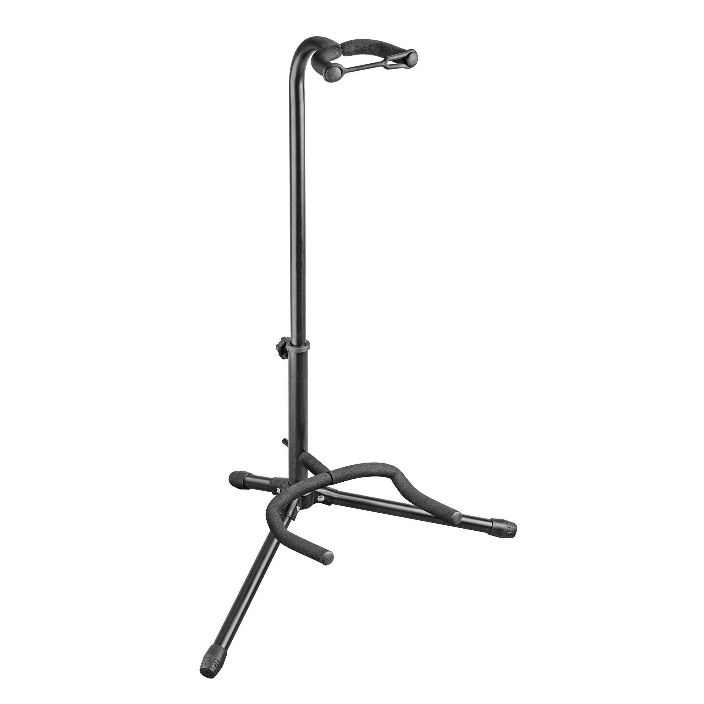 XTR XGS11 tubular style guitar stand holding an electric guitar, showcasing sturdy metal construction and foam padding for protection.