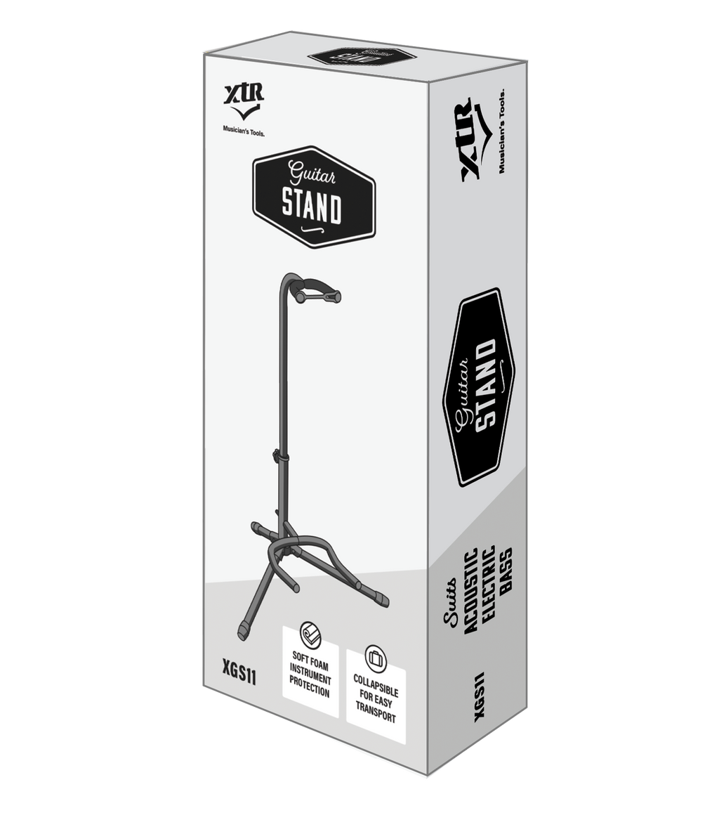XTR XTR Tubular Style Guitar Stand in black with padded cradle, designed to securely hold an electric or acoustic guitar.