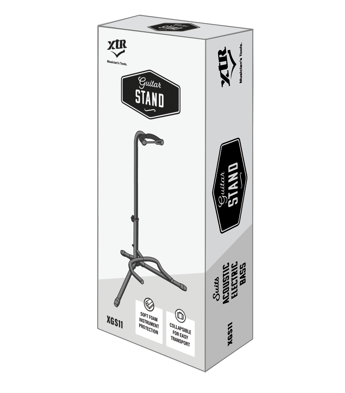 XTR XTR Tubular Style Guitar Stand in black with padded cradle, designed to securely hold an electric or acoustic guitar.