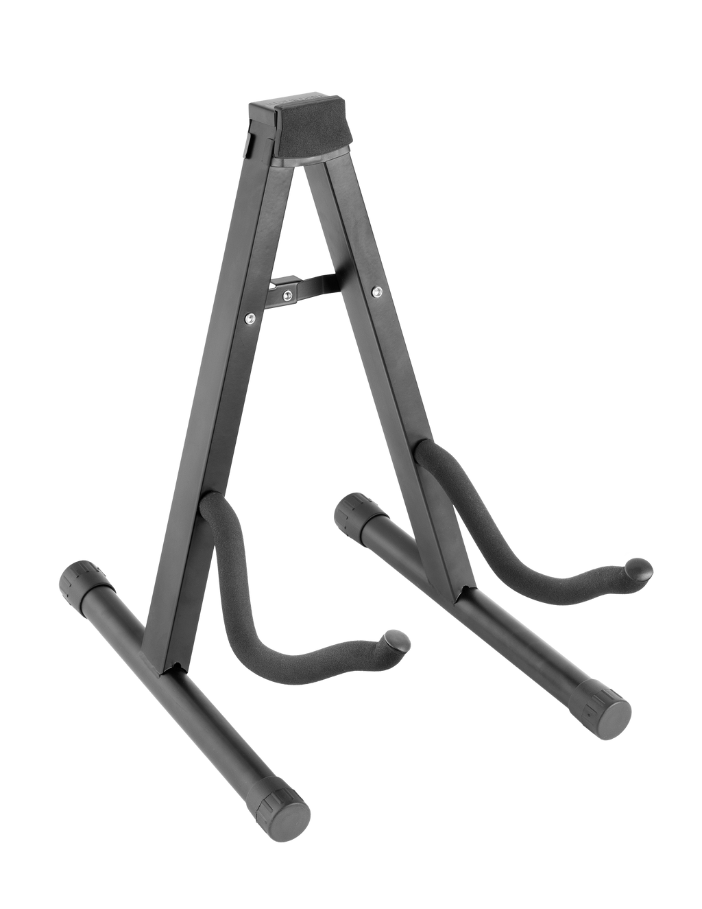XTR A Frame Guitar Stand holding an electric guitar, showcasing sturdy metal construction and foam padding for instrument support.