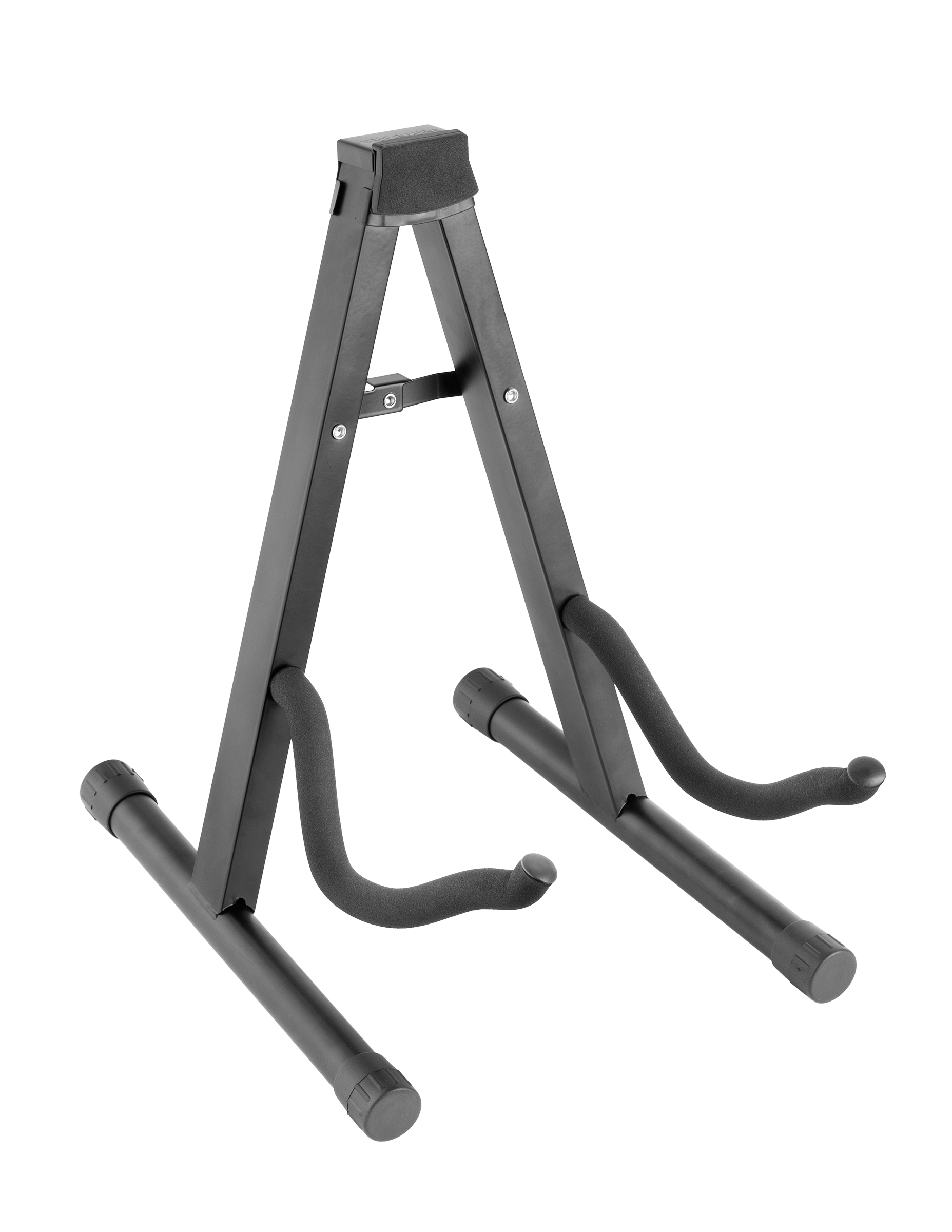 XTR A Frame Guitar Stand holding an electric guitar, showcasing sturdy metal construction and foam padding for instrument support.