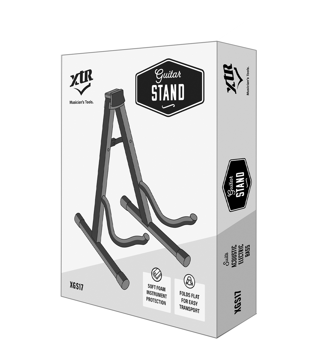 XTR XGS17 A-frame guitar stand holding an acoustic or electric guitar, made of sturdy material for secure support.