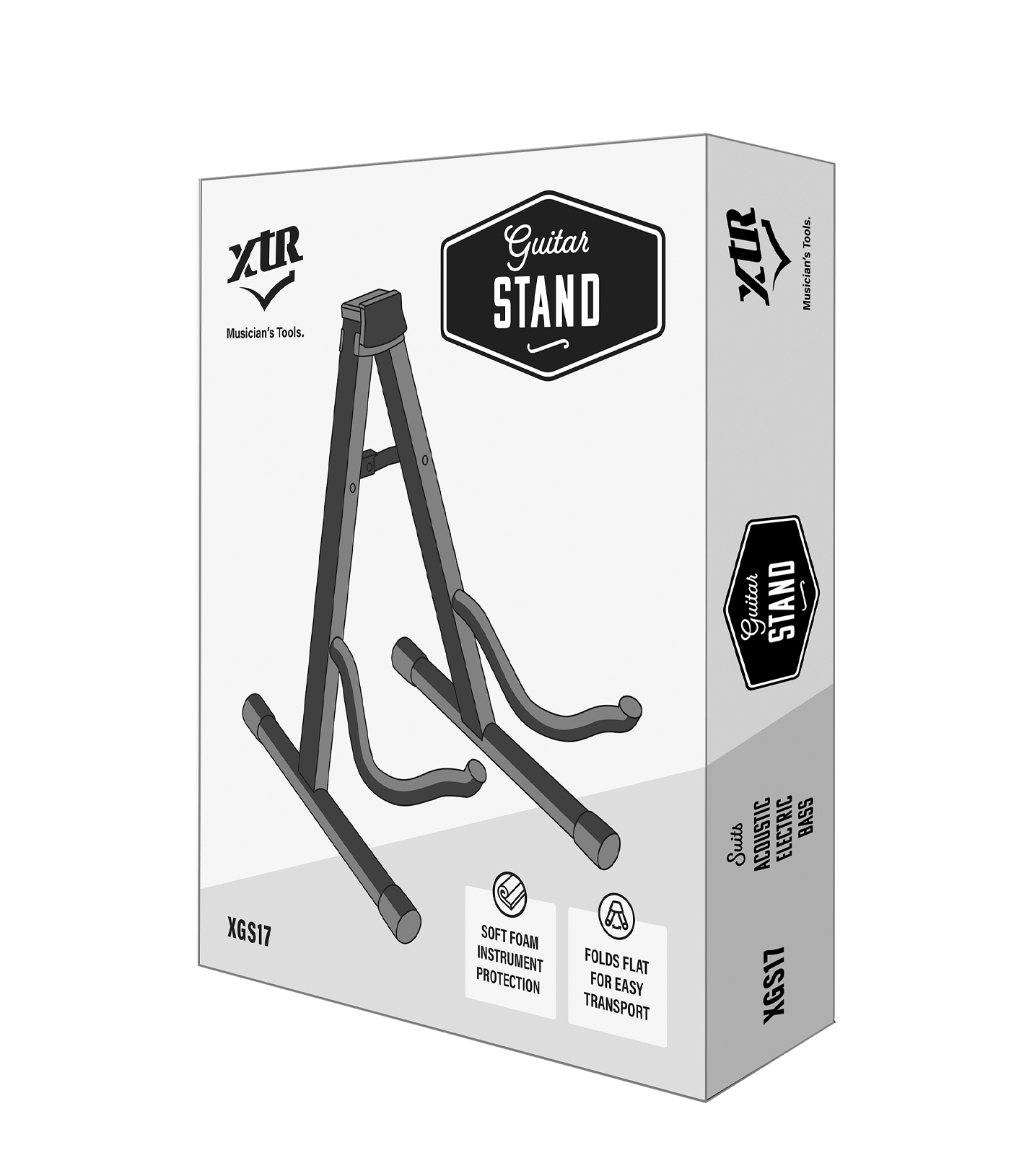XTR XGS17 A-frame guitar stand holding an acoustic or electric guitar, made of sturdy material for secure support.