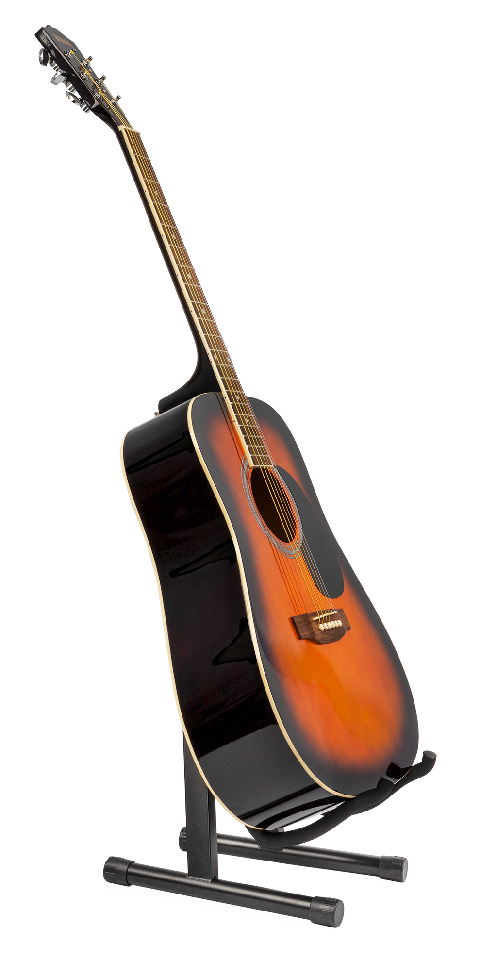 XTR A Frame Guitar Stand holding an acoustic guitar, showcasing sturdy metal construction and foam padding for secure support.