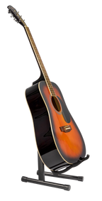 XTR A Frame Guitar Stand holding an acoustic guitar, showcasing sturdy metal construction and foam padding for secure support.