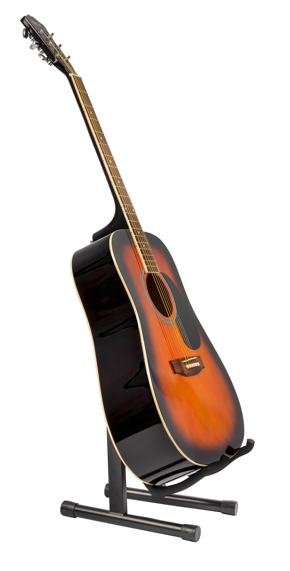 XTR A Frame Guitar Stand holding an acoustic guitar, showcasing sturdy metal construction and foam padding for secure support.