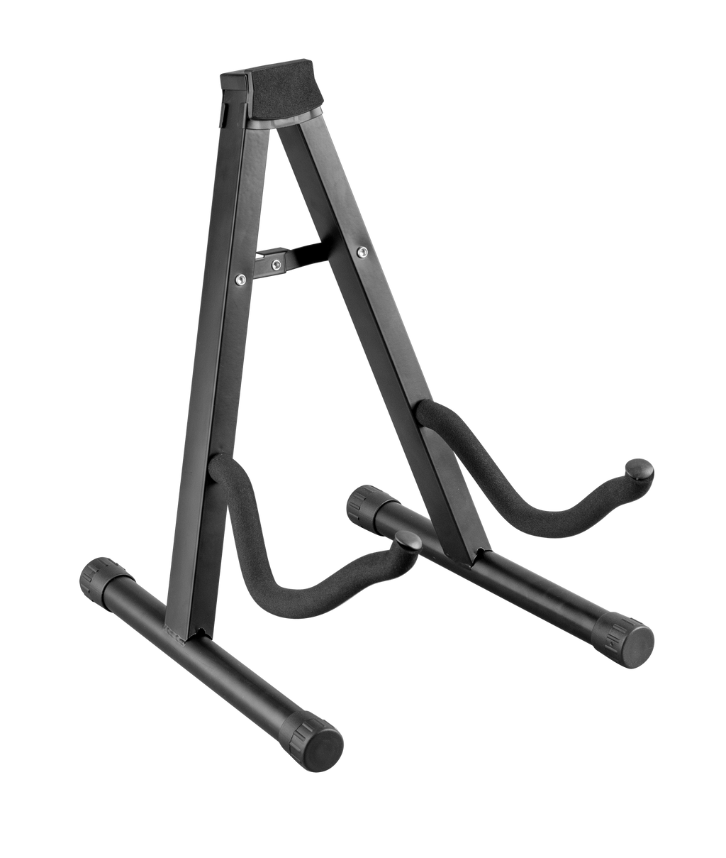 XTR A Frame Guitar Stand holding an electric guitar, showcasing sturdy metal construction and padded support for secure storage.