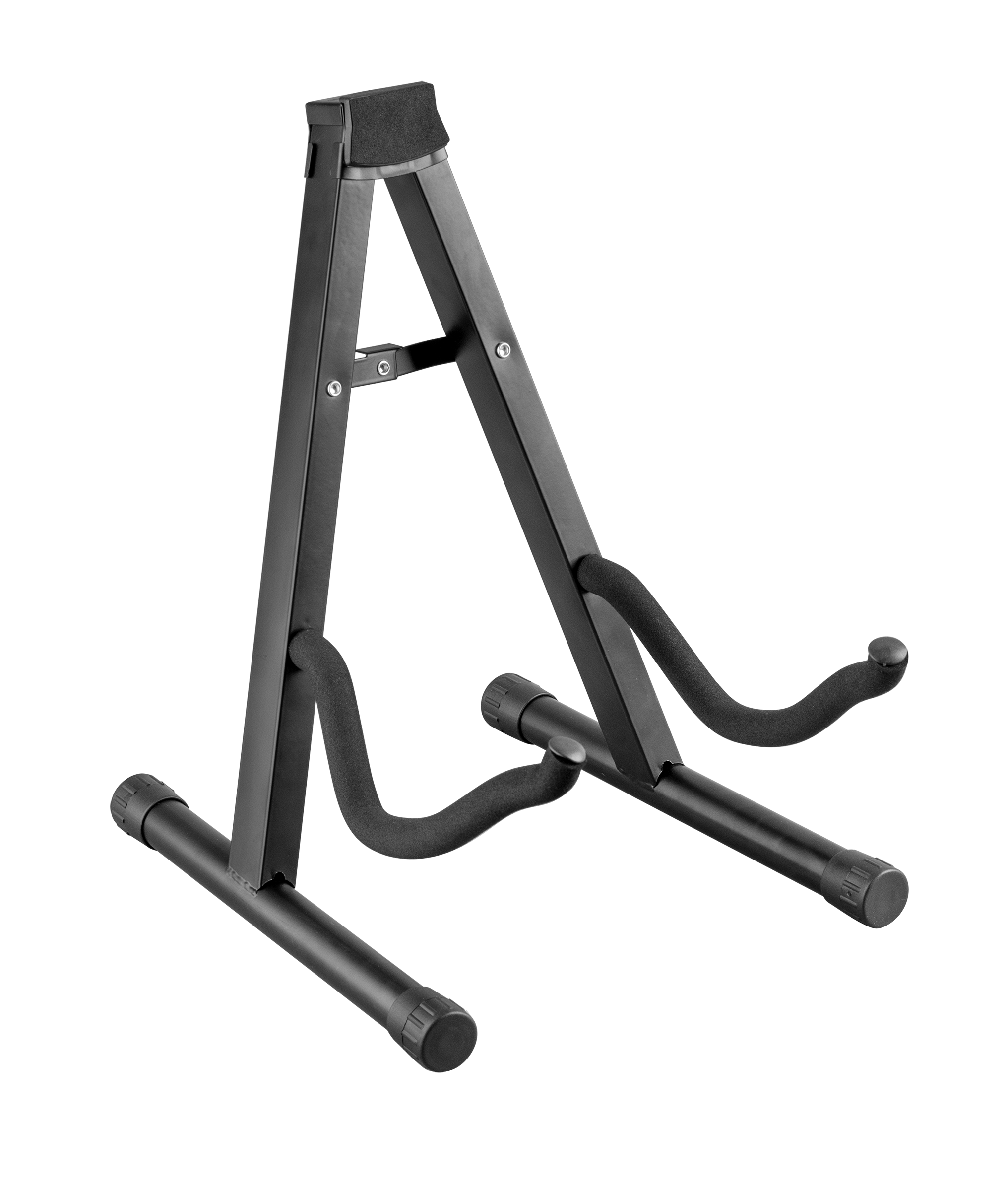 XTR A Frame Guitar Stand holding an electric guitar, showcasing sturdy metal construction and padded support for secure storage.
