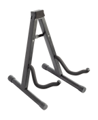 XTR XGS17 A-frame guitar stand holding an acoustic guitar, showcasing sturdy metal frame and padded support for instrument safety.