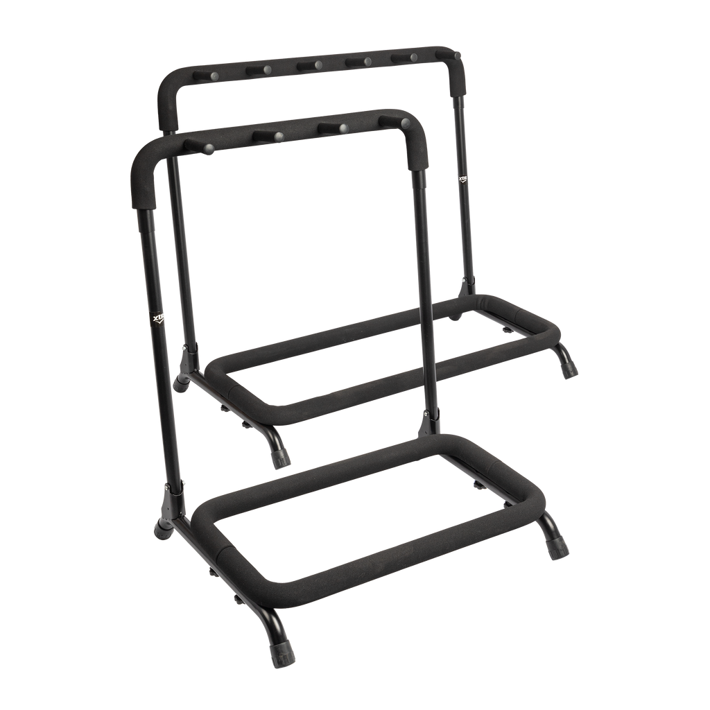 XTR XGS23-XGS25 multi-guitar stand holding three guitars with padded supports and adjustable arms for secure display and storage.