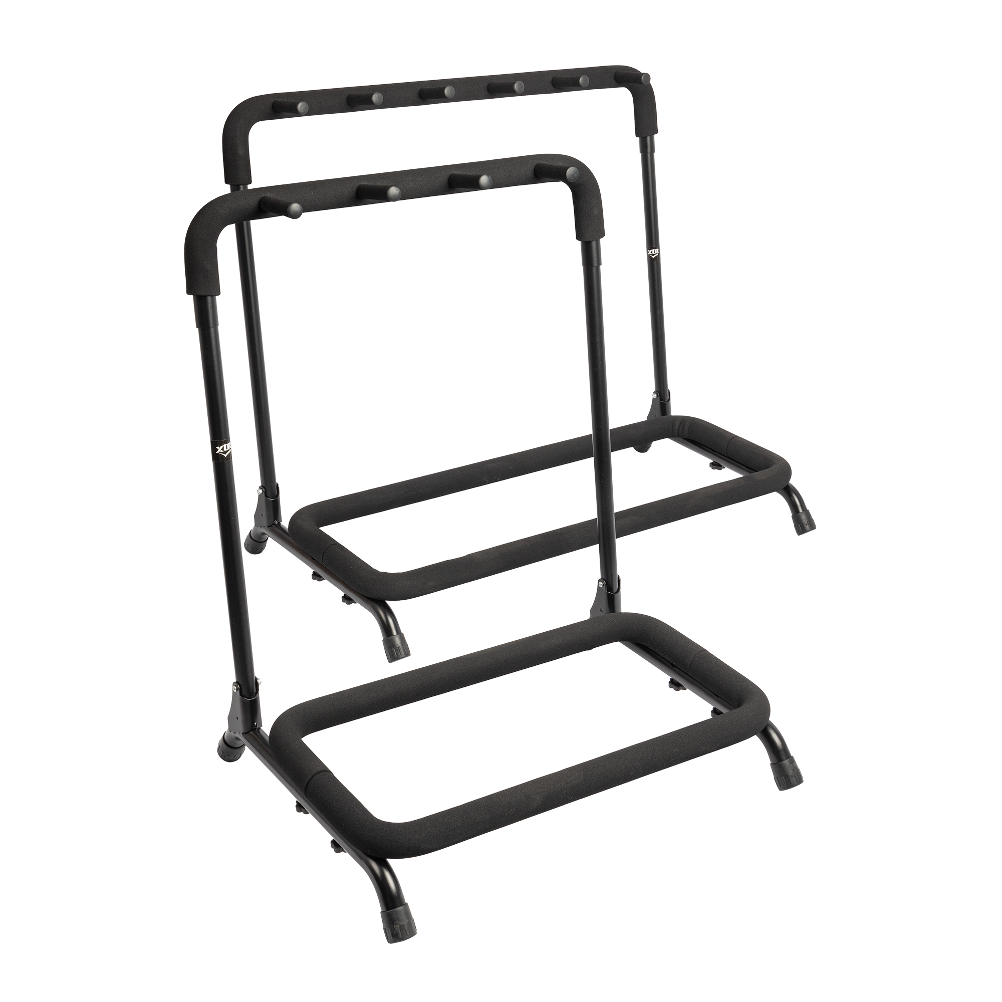 XTR XGS23-XGS25 multi-guitar stand holding three guitars with padded supports and adjustable arms for secure display and storage.