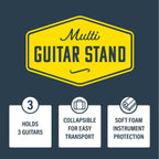 XTR Xtr Multi 3 guitar stand holding three electric guitars with padded arms and sturdy metal frame.