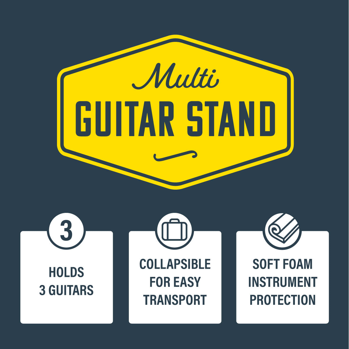 XTR Xtr Multi 3 guitar stand holding three electric guitars with padded arms and sturdy metal frame.