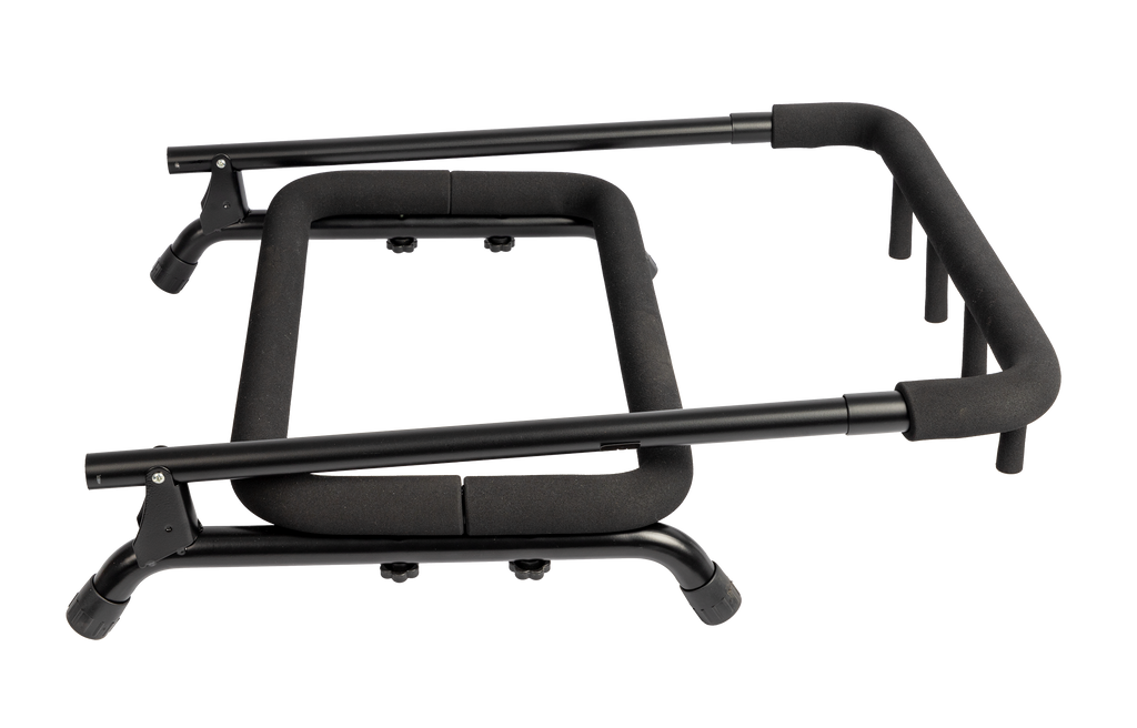 Folded XTR XGS23 Multi 3 Guitar Stand showing black padded support arms and compact design for guitar storage.