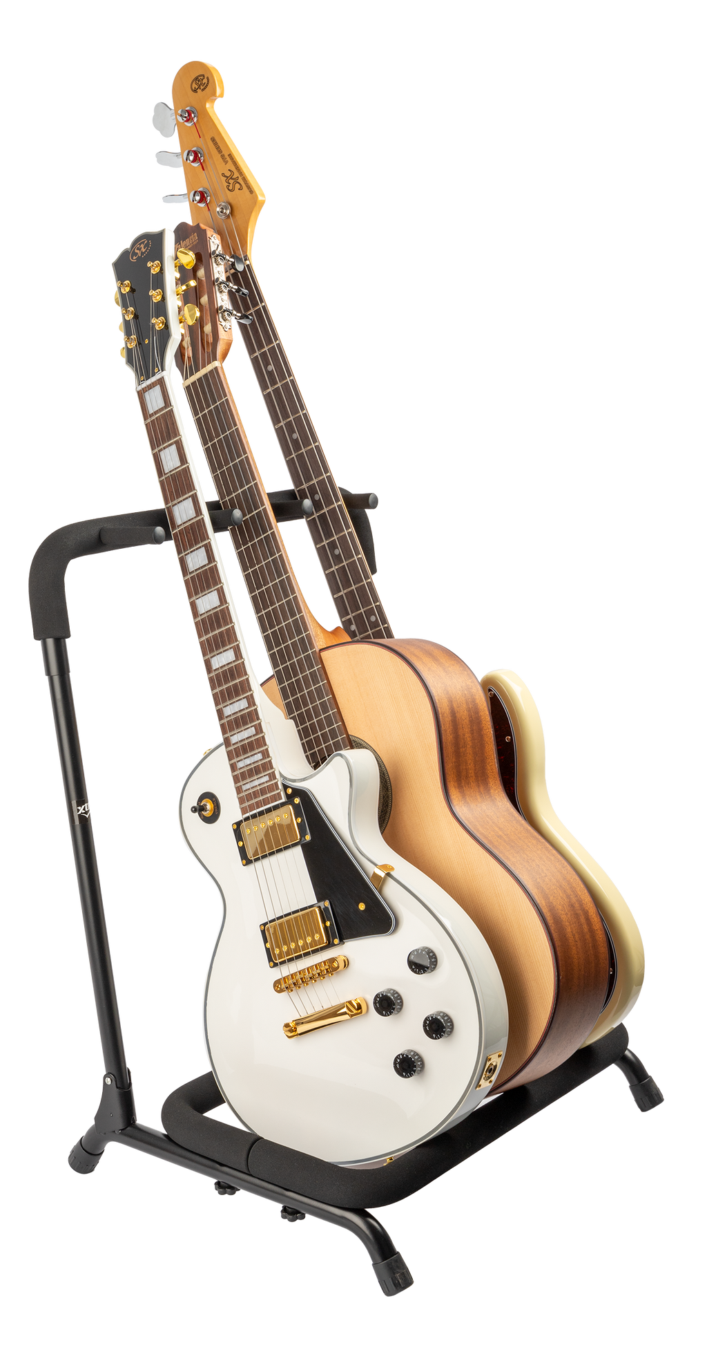XTR Xtr Multi 3 Guitar Stand holding three electric guitars with padded support and adjustable arms for secure display.