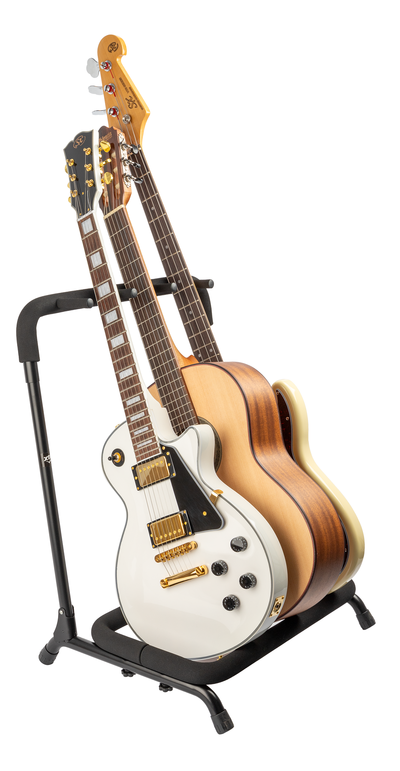 XTR Xtr Multi 3 Guitar Stand holding three electric guitars with padded support and adjustable arms for secure display.