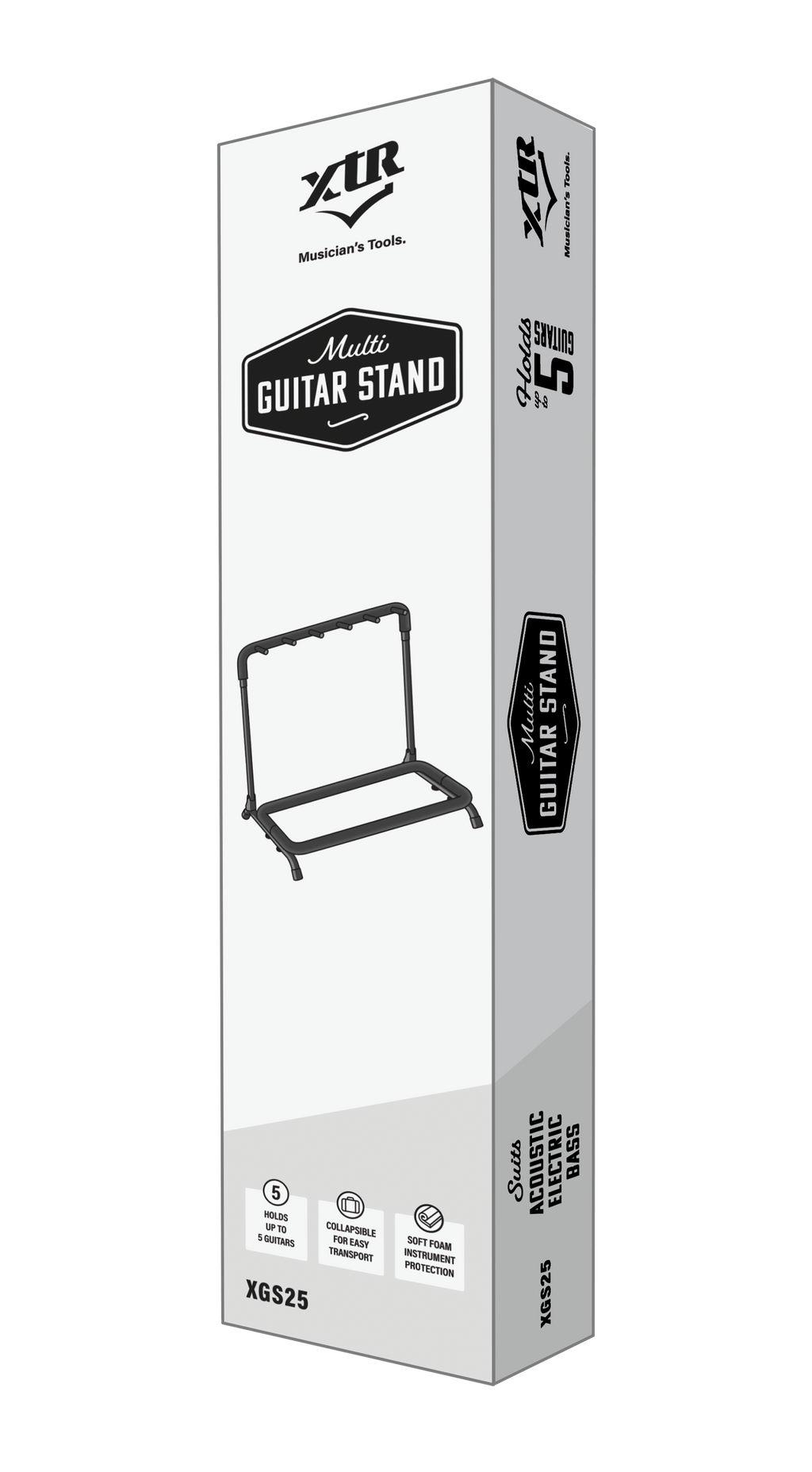XTR Xtr Multi 5 guitar stand with five padded slots for acoustic and electric guitars, sturdy black metal construction.
