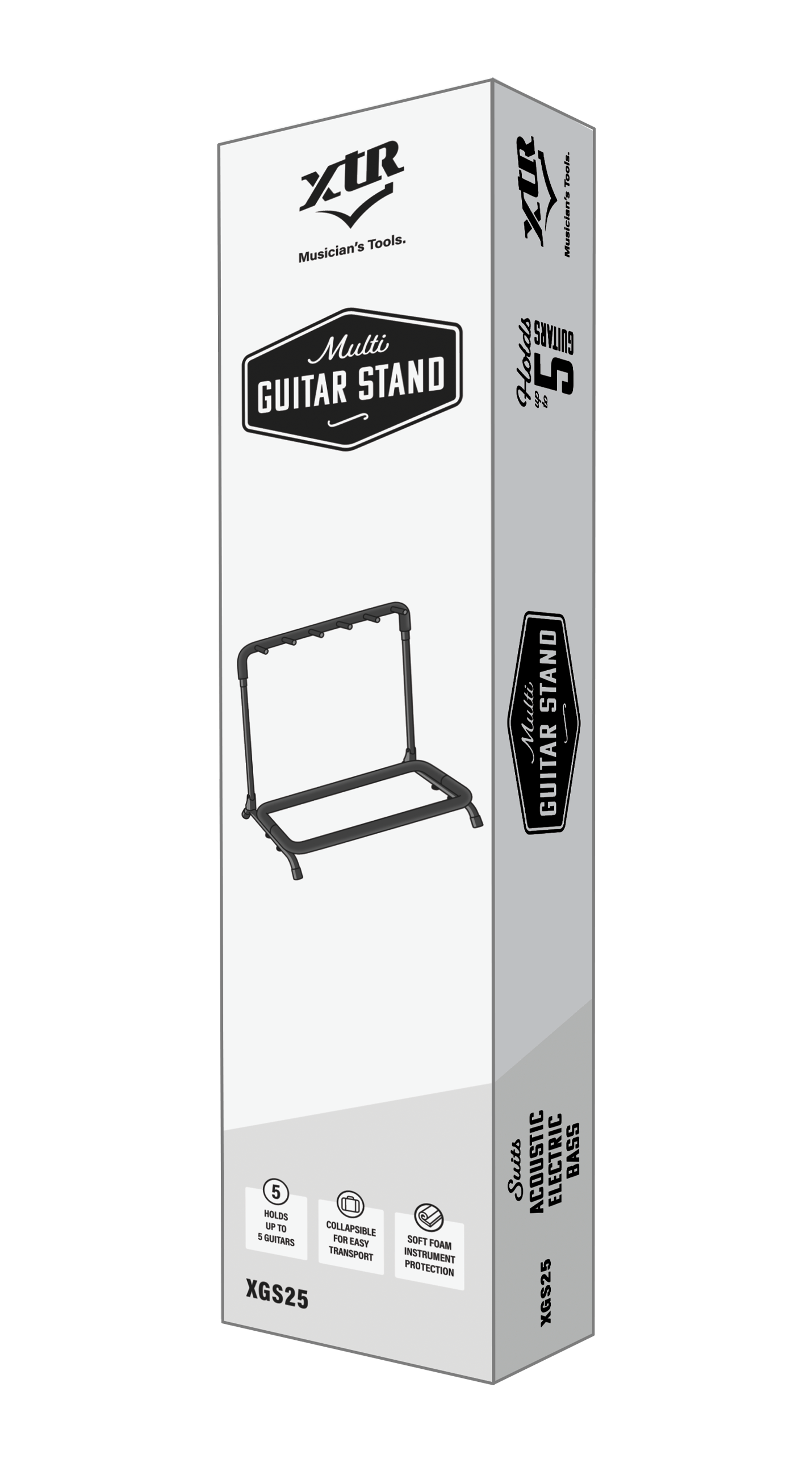 XTR Xtr Multi 5 guitar stand with five padded slots for acoustic and electric guitars, sturdy black metal construction.