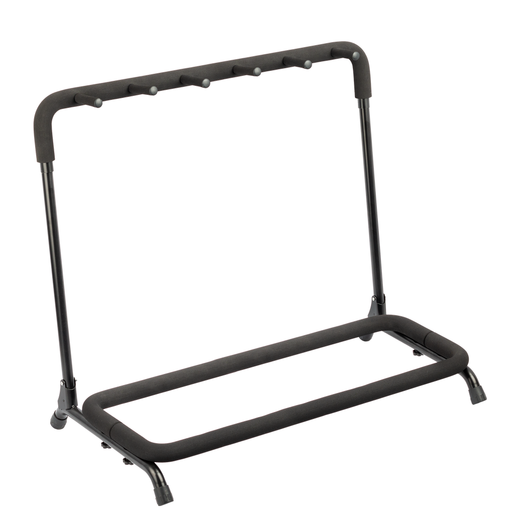 XTR Xtr Multi 3 guitar stand holding three electric guitars, compact guitar accessory for easy instrument storage.