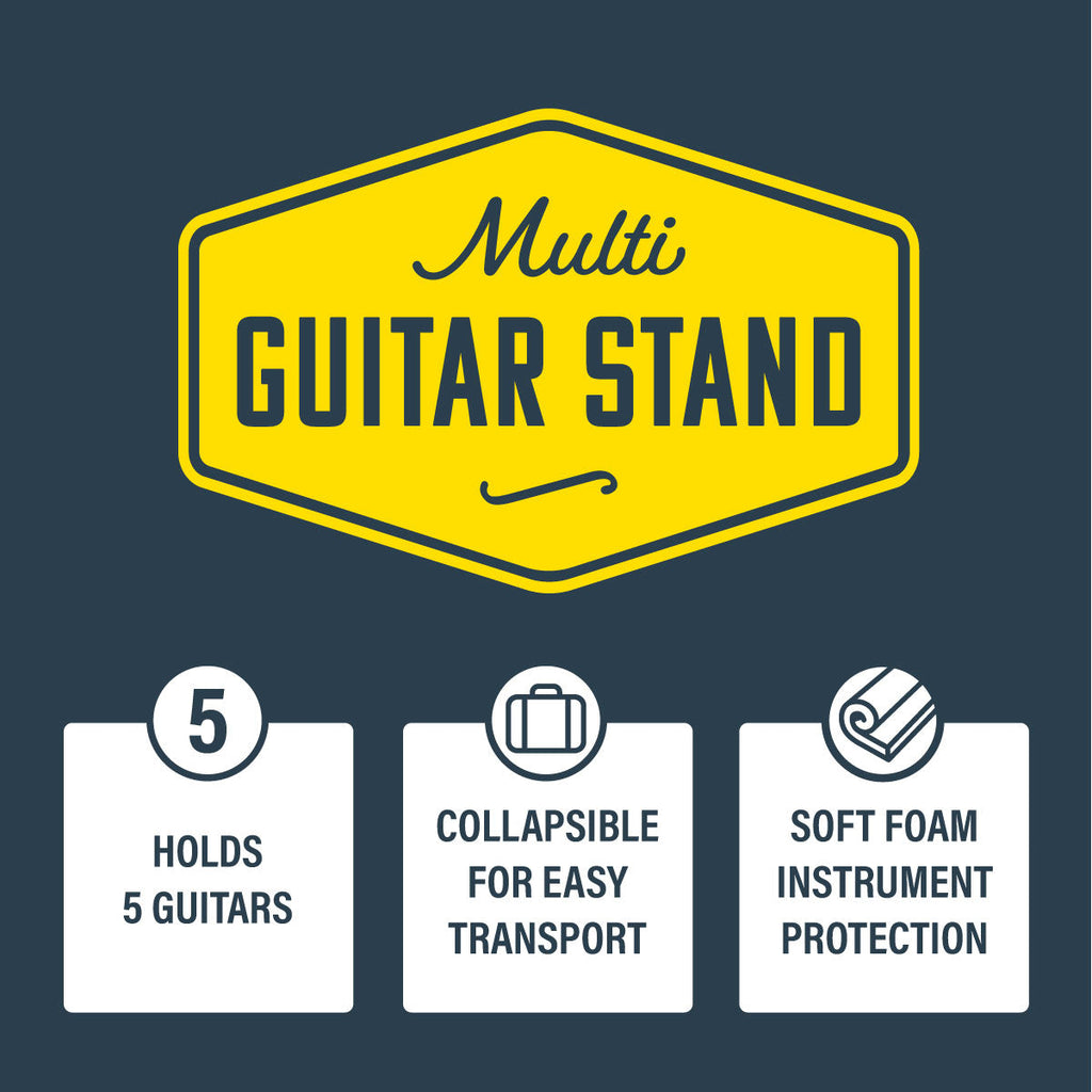 XTR Xtr Multi 5 guitar stand holding five electric guitars in a black metal frame with foam padding for protection.