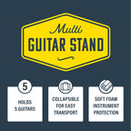 XTR Xtr Multi 5 guitar stand holding five electric guitars in a black metal frame with foam padding for protection.