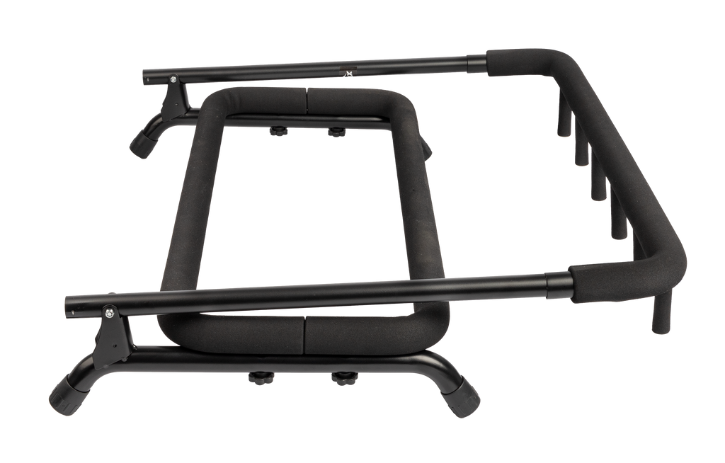 Folded XTR Xtr Multi 5 Guitar Stand, compact guitar accessory for safe storage of multiple guitars, black metal design.