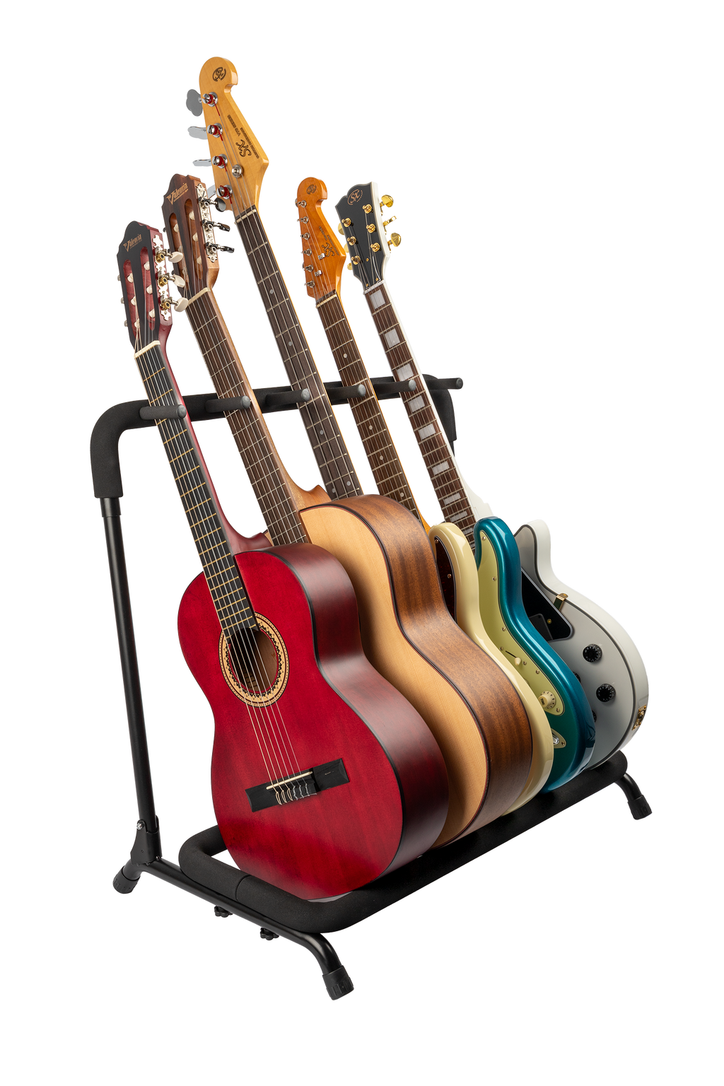 XTR Xtr Multi 5 Guitar Stand holding five electric guitars in a display setup, showcasing sturdy guitar accessory support.