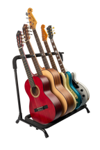 XTR Xtr Multi 5 Guitar Stand holding five electric guitars in a display setup, showcasing sturdy guitar accessory support.